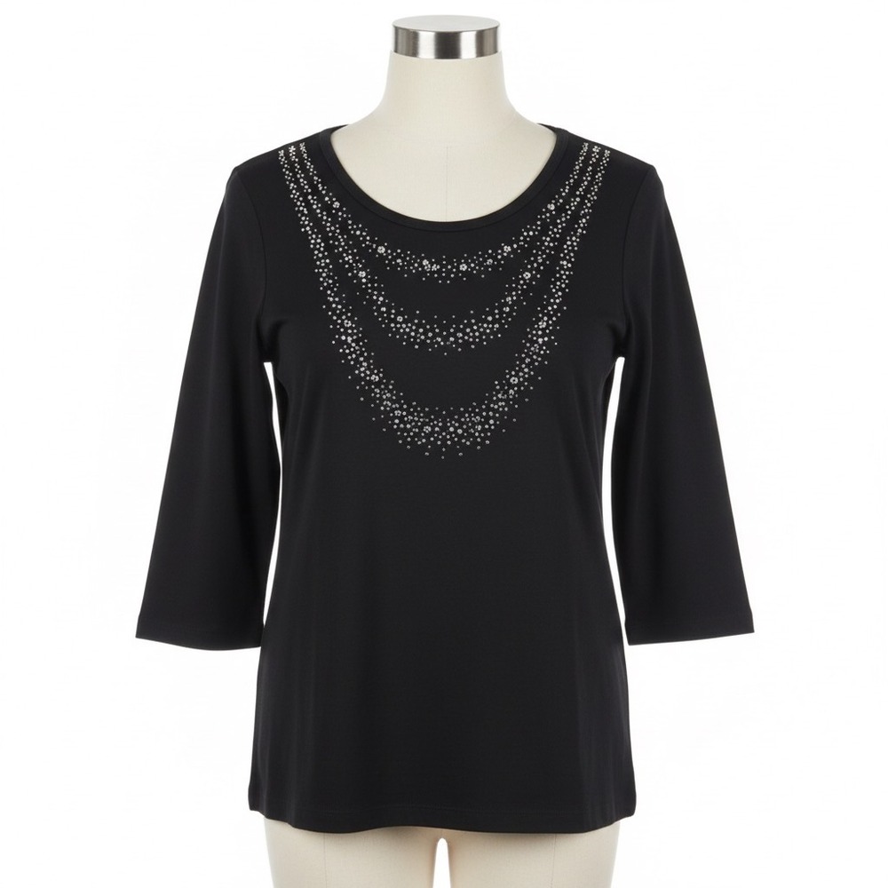 Quacker Factory Top M Black Rhinestone Necklace Print Jeweled‎ Embellish Sparkle